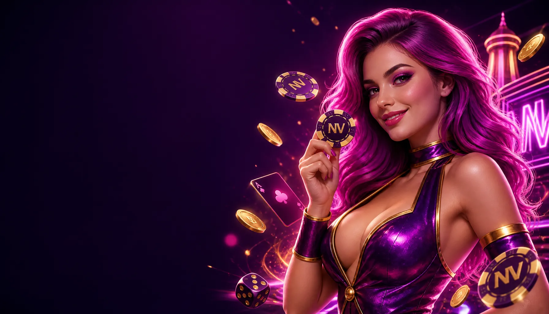 High-resolution 3D casino banner with a glamorous hostess in neon lights and brand colors