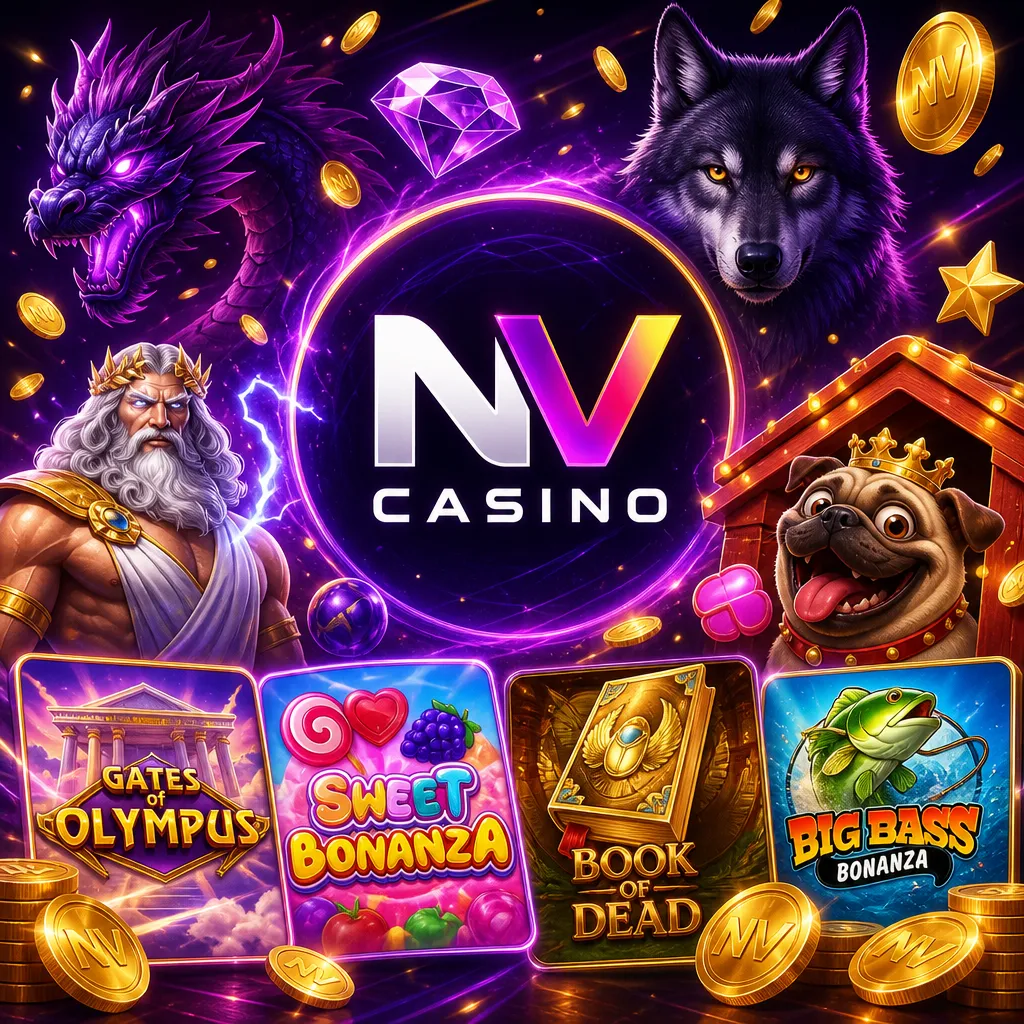 NV Casino promotional image featuring logo and vibrant slot-themed visuals.